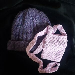 Purple and Pink Knit Womans Hat and Bag Set